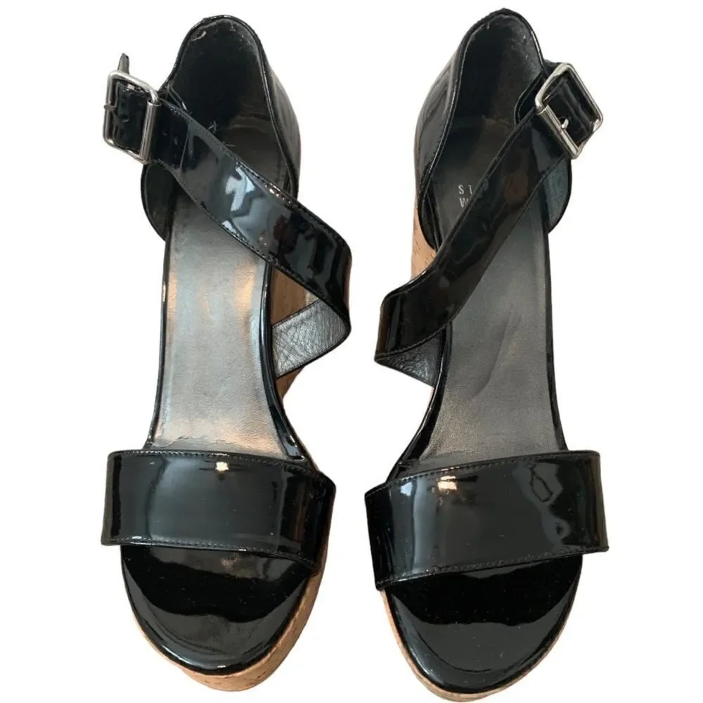 Stuart Weitzman Black Patent Leather Wedge Sandal Size 9.5 - Picture 2 of 14